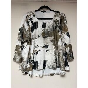 Kozan Tunic Top Womens XS Olive Green Black Abstract Art Wear 3/4 Sleeve